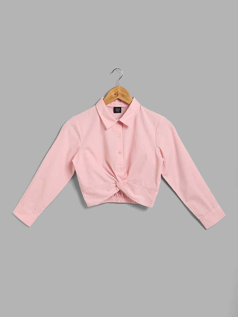 Y&F Kids Plain Pink Knot Detail Crop Shirt