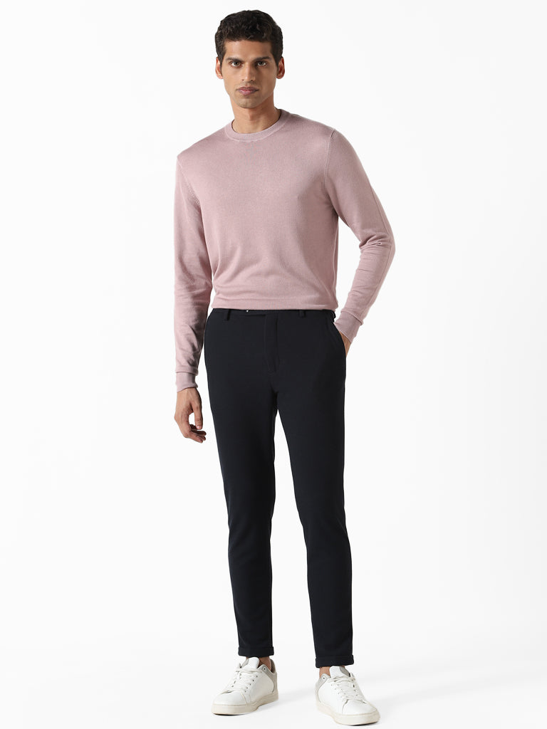 WES Formals Solid Dusty Pink Ribbed Slim Fit Sweater