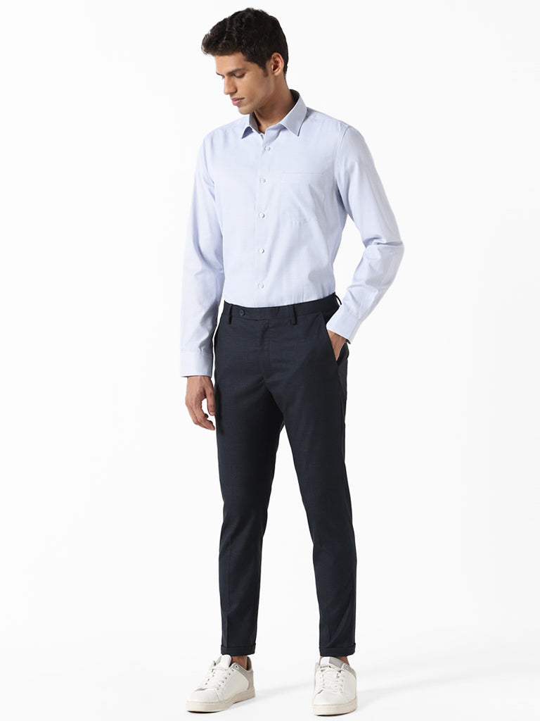 WES Formals Checked Navy Blue Carrot Fit Trousers – Cherrypick