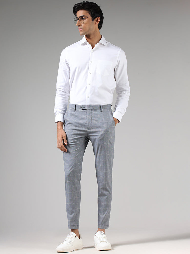 WES Formals by Westside Grey Checked Carrot Fit Trousers
