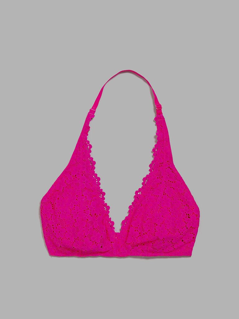 Superstar Pink Lace Design Halter Neck Bra – Cherrypick