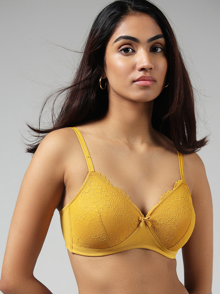 Wunderlove by Westside Light Yellow Lace-Trimmed Padded Bra