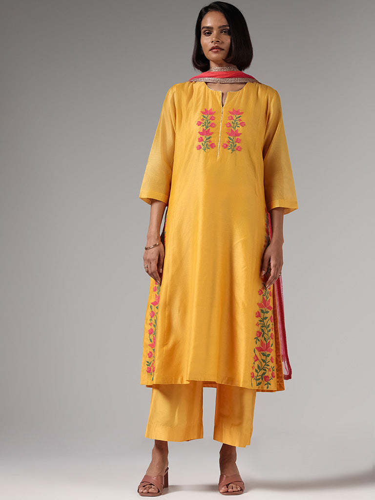 Blue And Yellow Floral Embellished Cotton Kurti – Gatim Fashions