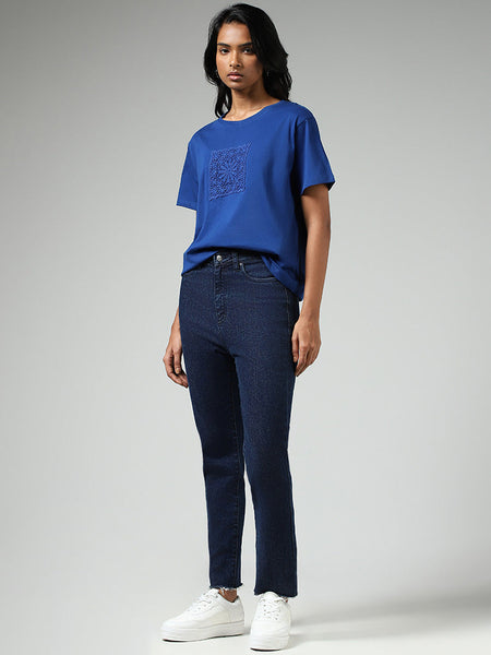 Buy LOV Navy Blue Floral Embroidered Shirt from Westside