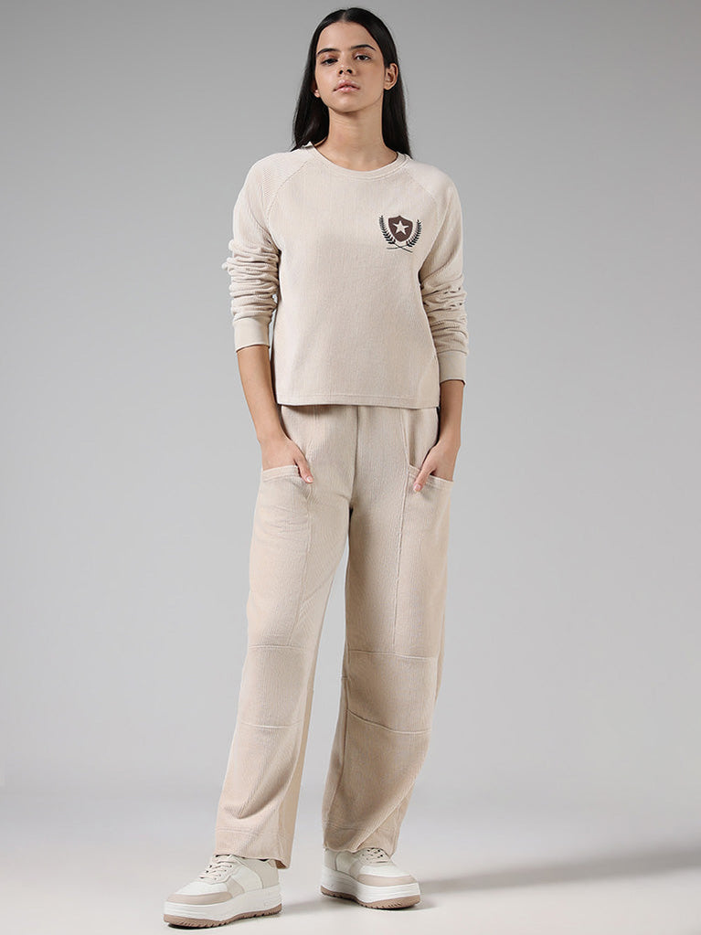 Studiofit by Westside Beige Ribbed High-Waisted Joggers