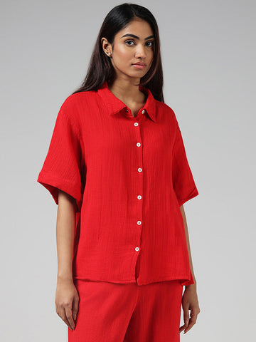 Wunderlove Solid Red Crinkled Shirt