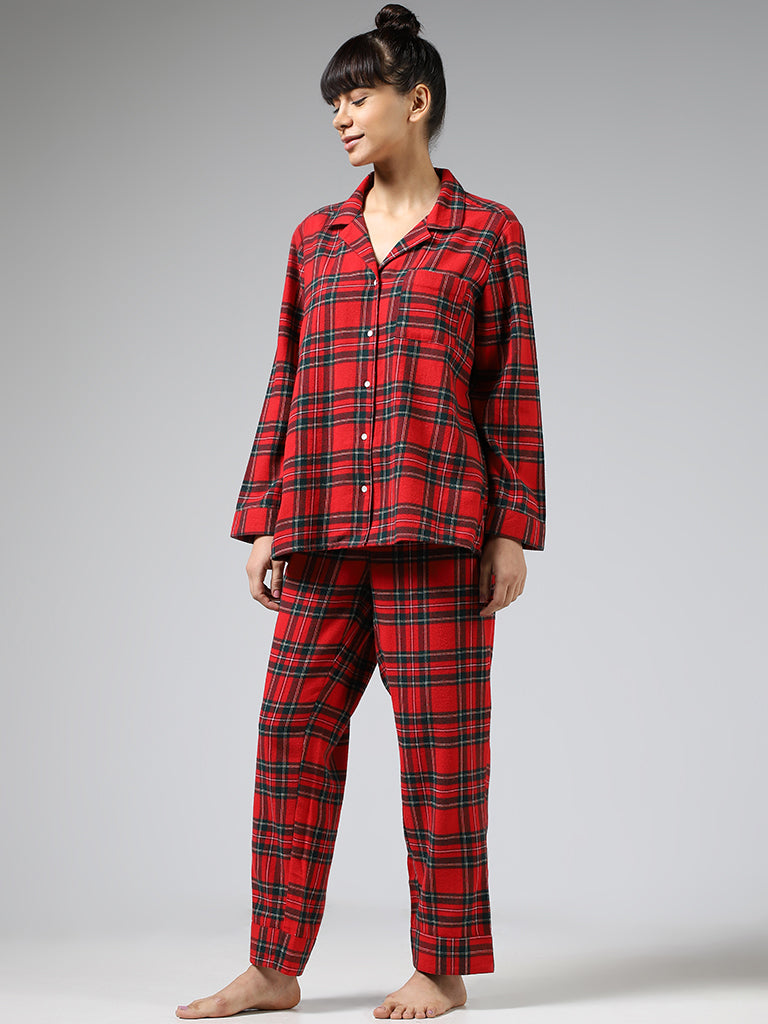 Buy Wunderlove Solid Red Satin Shirt & Pyjamas Set from Westside