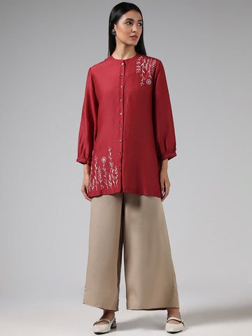 Zuba Maroon Floral Embroidered Buttoned Down Kurti