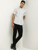 WES Casuals White Printed Slim Fit Blended Linen Shirt