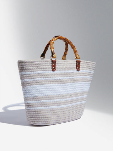 LOV White & Beige Woven Textured Hand Bag