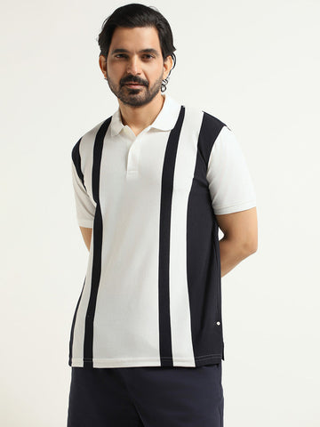 WES Casuals White Striped Slim Fit Polo T-Shirt