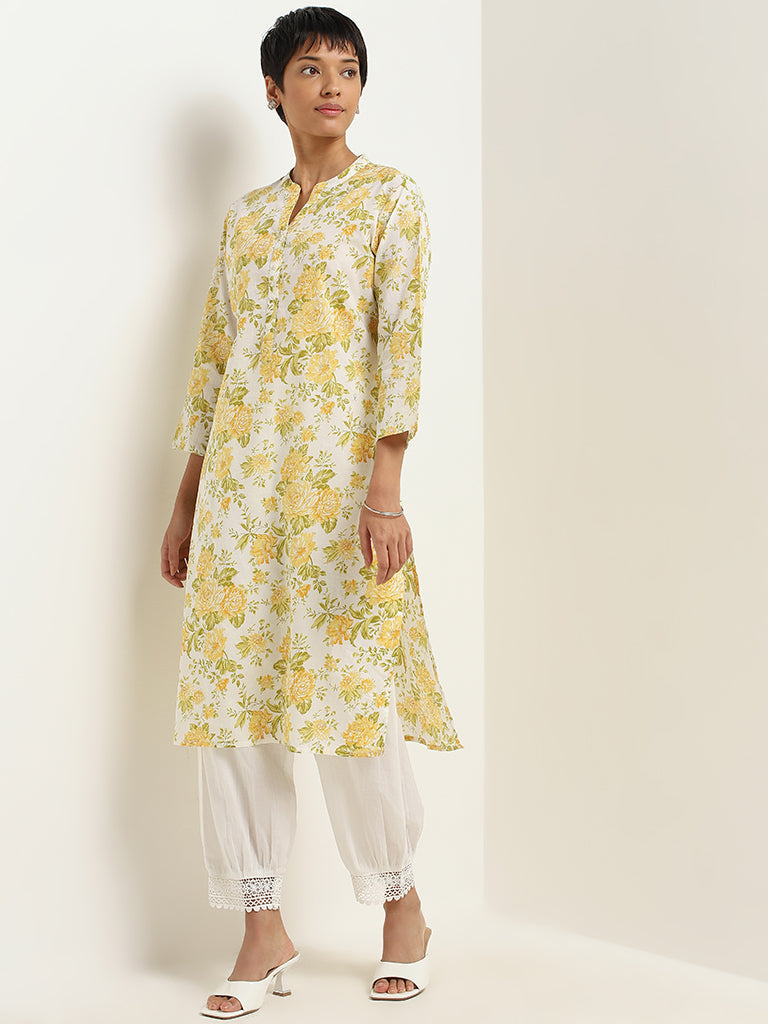 Utsa Yellow Floral Print Cotton Kurta