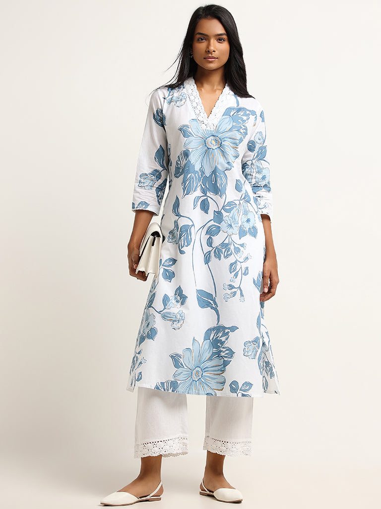 Utsa Blue Straight Fit Printed Cotton Kurta