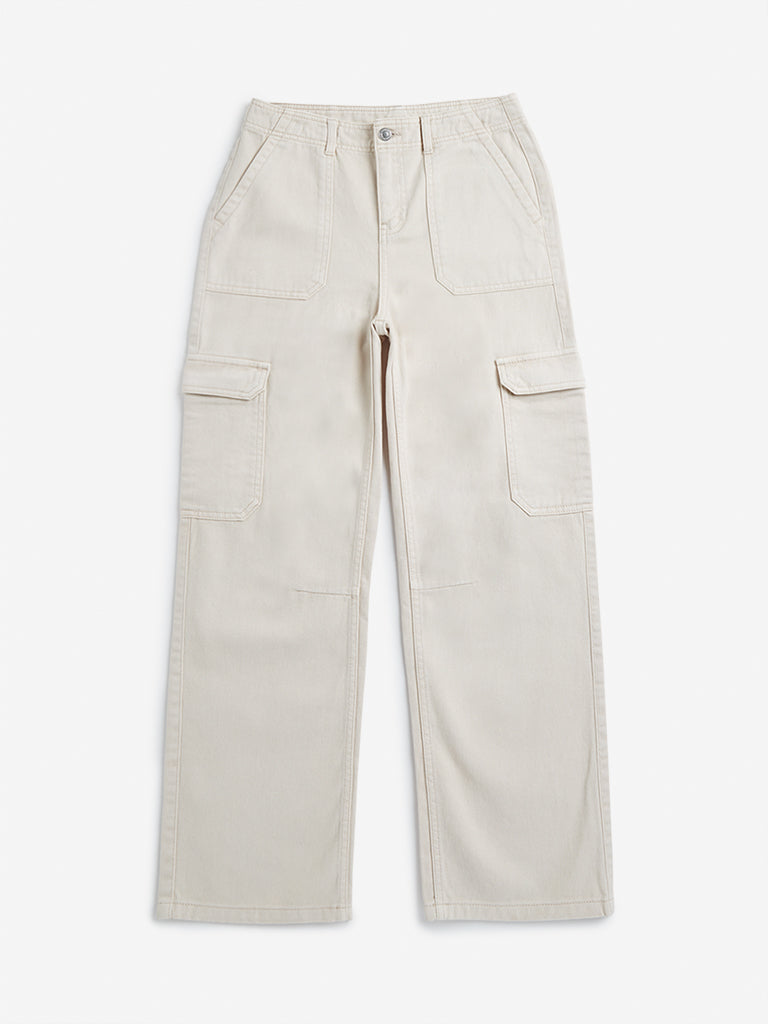 Y&F Kids Light Beige Mid Rise Cargo Trousers