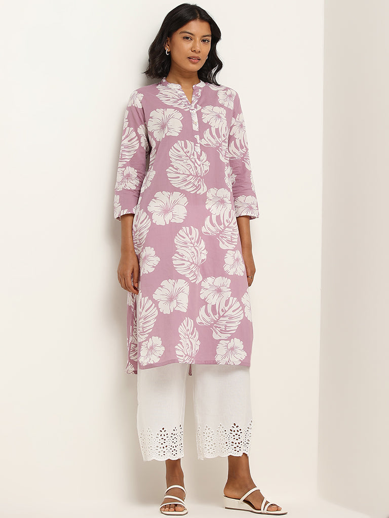 Utsa Lilac Straight Fit Floral Print Kurta