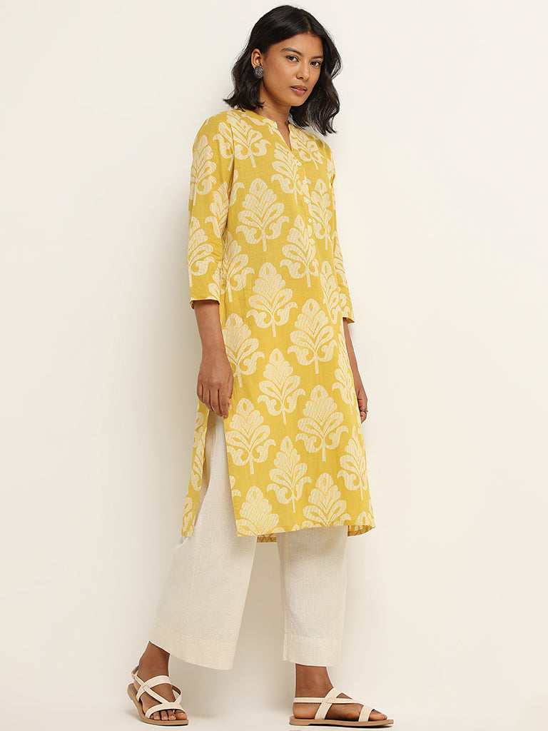 Utsa Yellow Straight Fit Printed Cotton Kurta