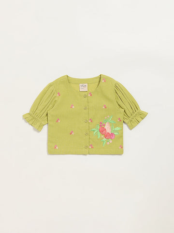 Utsa Kids Green Button-Up Floral Cotton Blend Top (2 - 8yrs)