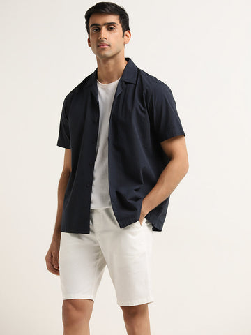 WES Casuals Navy Textured Cotton Relaxed Fit Shirt