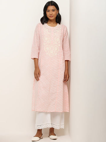 Utsa Pink Cotton A-line Chikankari Kurta