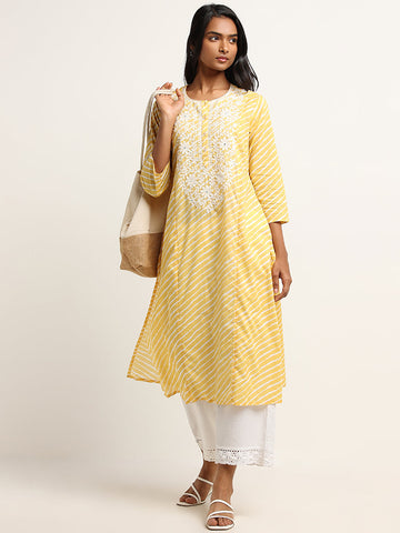 Utsa Yellow Straight Fit Cotton Chikankari Kurta