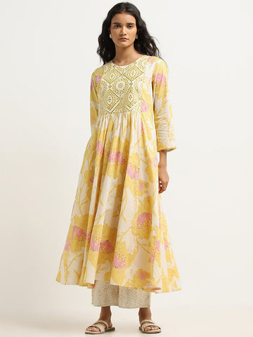 Utsa Yellow Floral Printed A-line Cotton Kurta