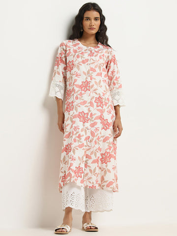 Utsa Coral Floral Printed A-line Cotton Kurta