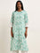 Utsa Aqua Floral Printed A-Line Cotton Blend Kurta