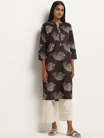 Utsa Dark Brown Fish Print Straight Cotton Kurta