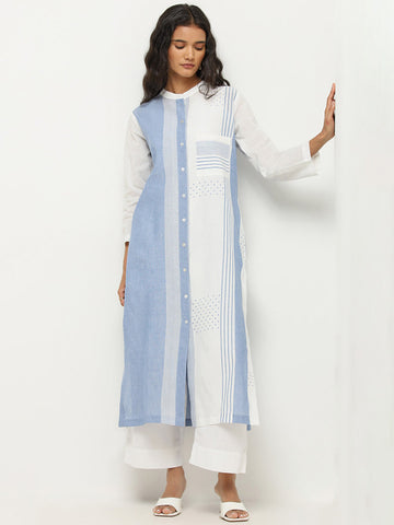 Utsa Blue Handloom-Inspired Straight Cotton Kurta