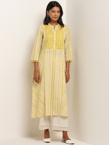 Utsa Yellow Stripe Printed A-line Kurta