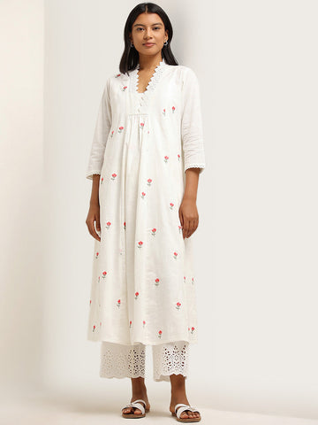 Utsa Off-White Lace Detailed Cotton A-Line Kurta