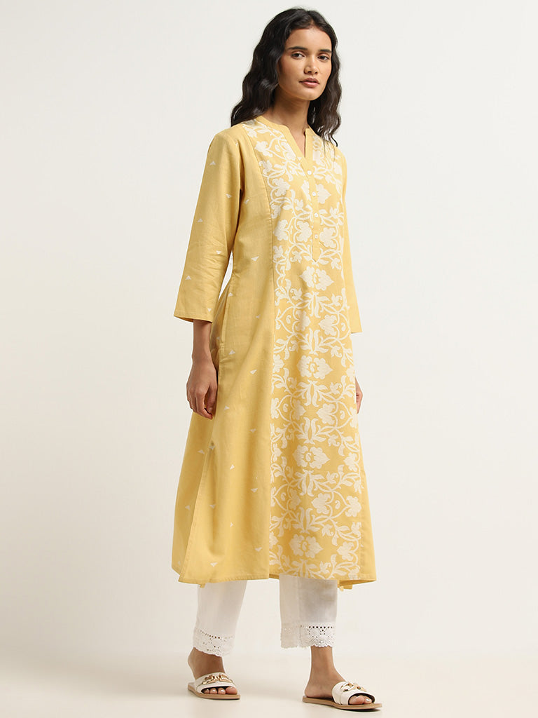 Utsa Yellow Floral Pattern A-Line Kurta