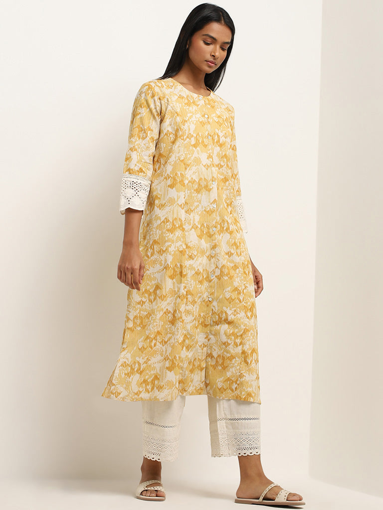 Utsa Mustard Ikat Design A-Line Cotton Blend Kurta