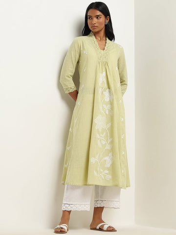 Utsa Lime Floral Embroidered A-Line Cotton Kurta