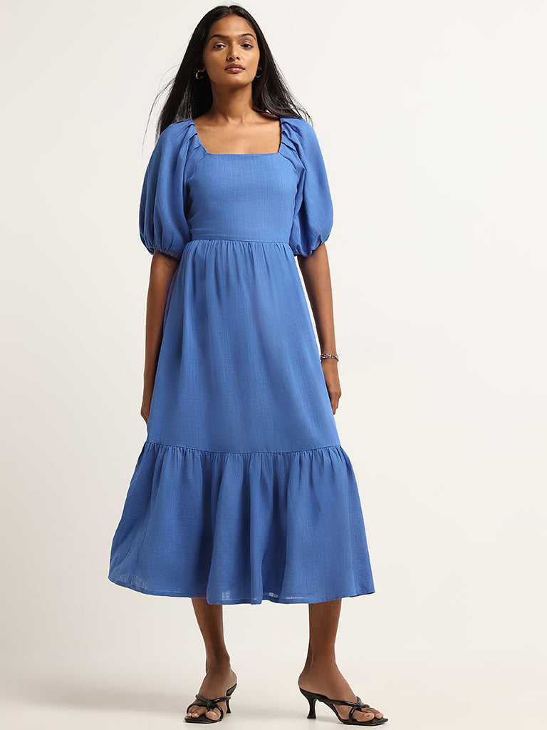 LOV Solid Blue Tiered Blended Linen Maxi Dress