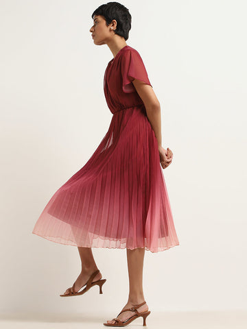 Wardrobe Maroon Pleated A-Line Dress