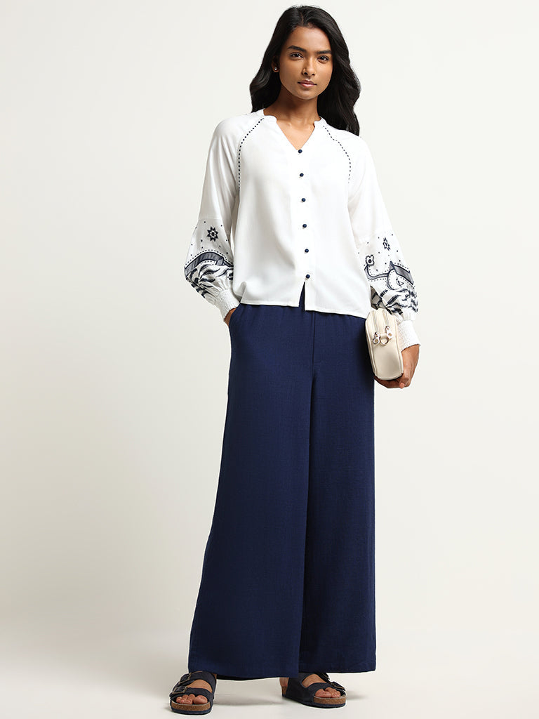 LOV Navy Solid Blended Linen Wide-Leg Pants