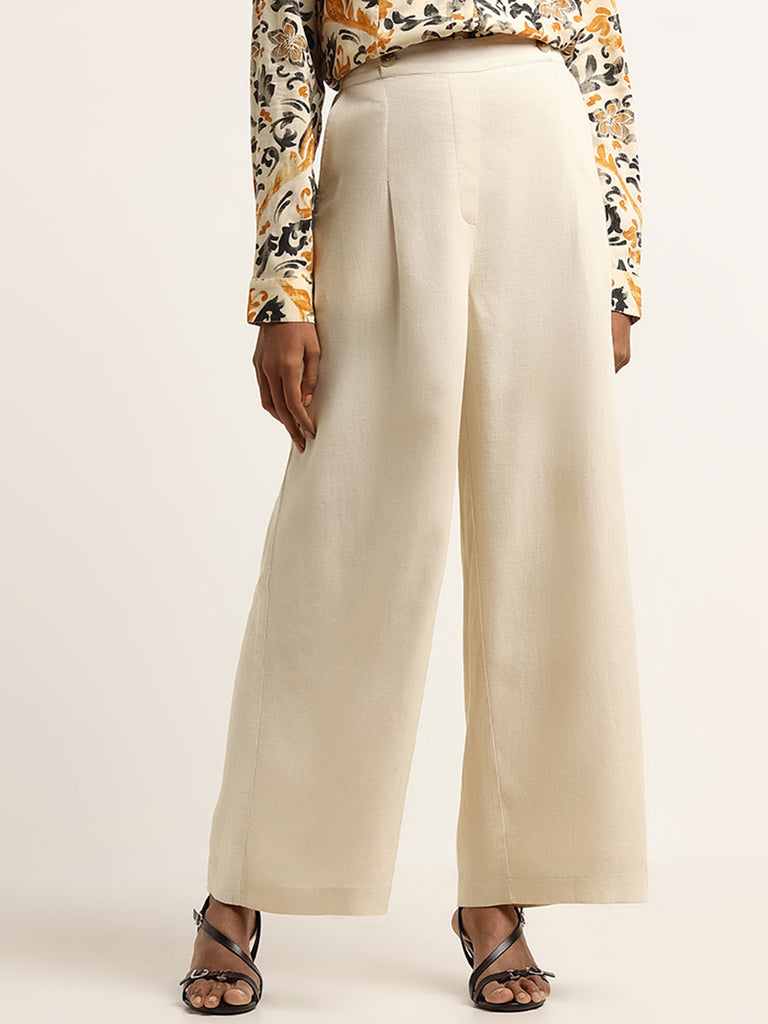 LOV Cream High Rise Cotton Wide-Leg Pants