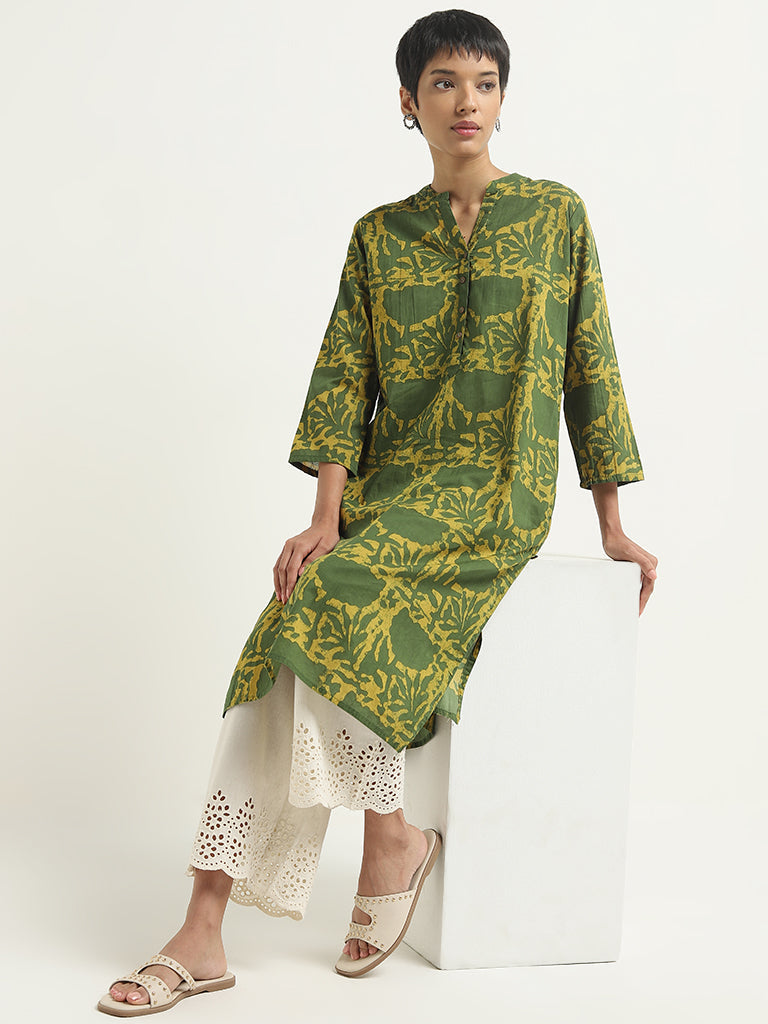 Utsa Olive Abstract Printed Straight Cotton Kurta