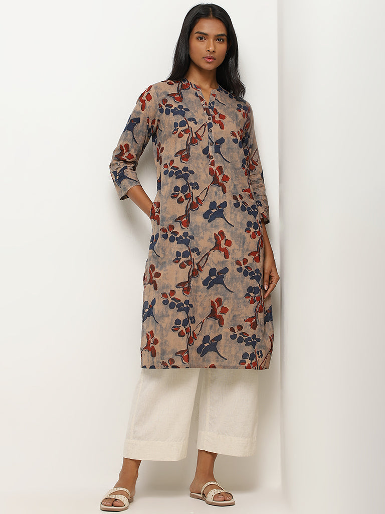 Utsa Taupe Floral Design Straight Kurta