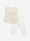 HOP Baby Beige Schiffli Design Top & Pants Set