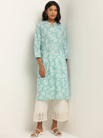 Utsa Turquoise Straight Fit Printed Cotton Kurta