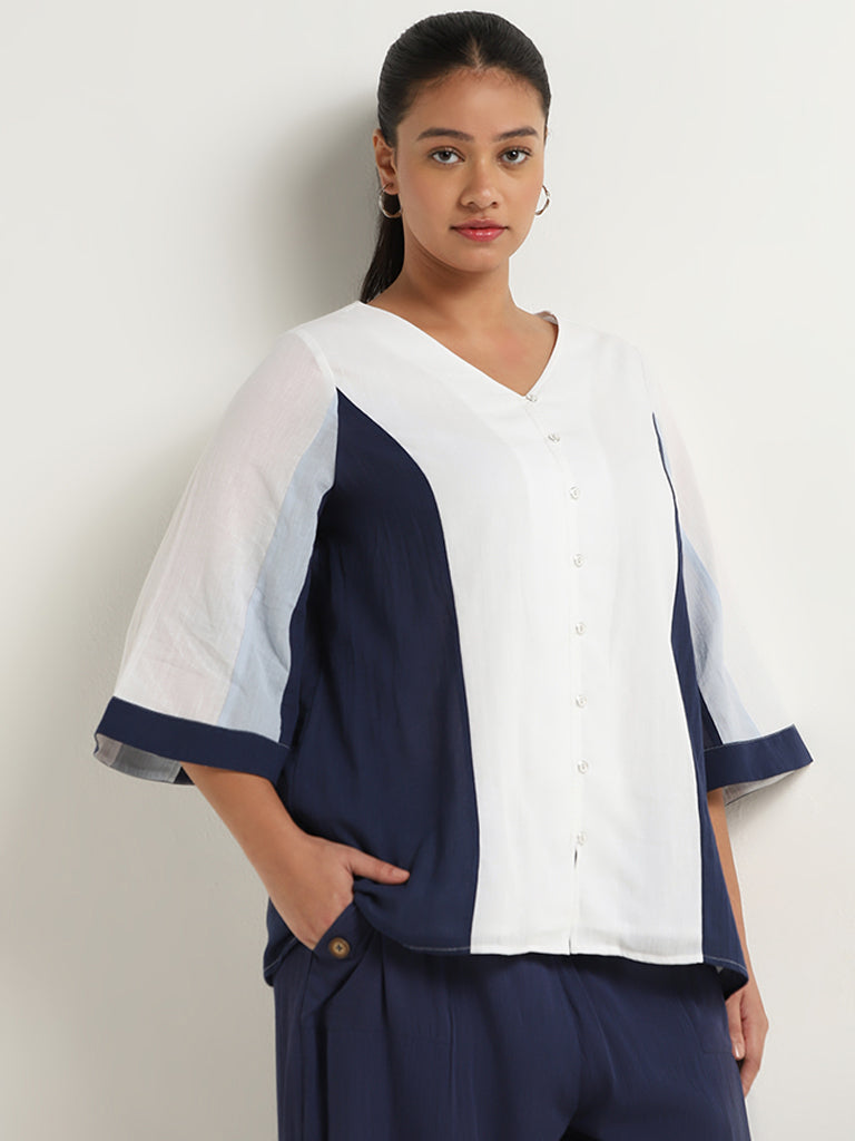 Gia White and Navy Colour-Block Cotton Blouse