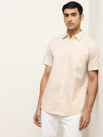 WES Casuals Beige Striped Relaxed-Fit Cotton Shirt