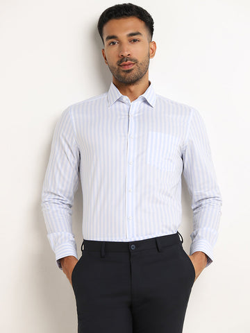 WES Formals Light Blue Striped Slim Fit Shirt