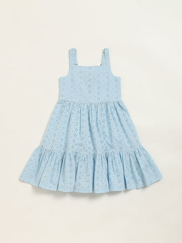 Utsa Kids Blue Schiffli Tiered Dress