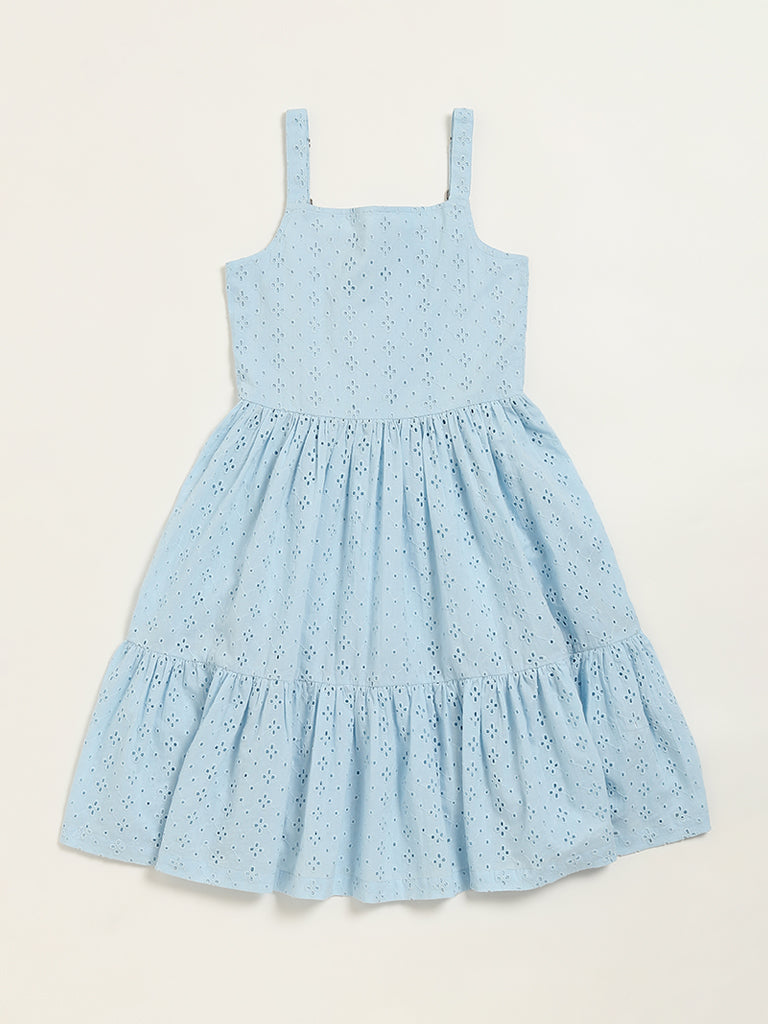 Utsa Kids Blue Schiffli Tiered Dress