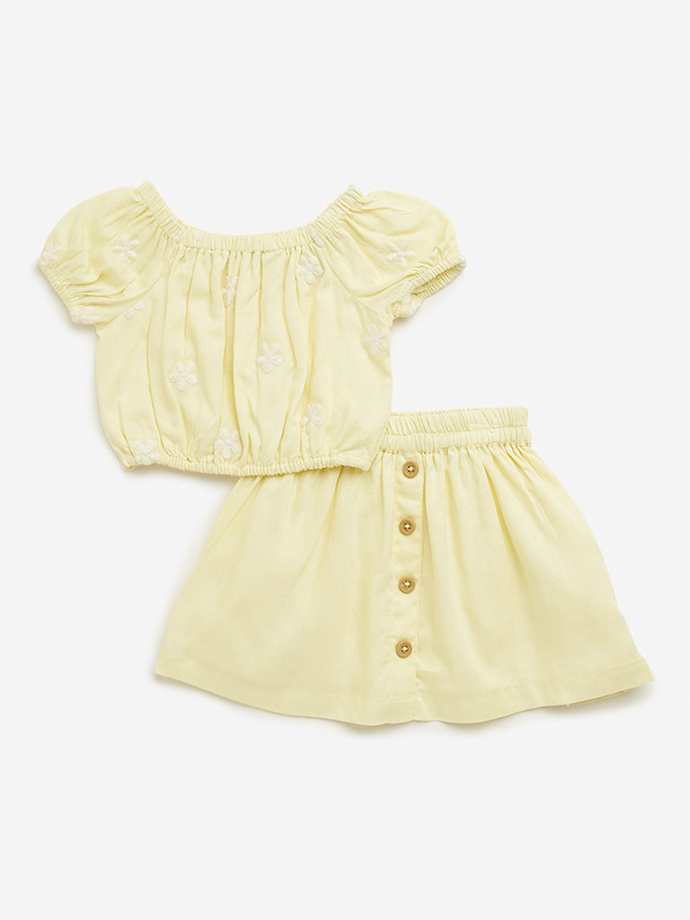 HOP Kids Yellow Floral Top & Mid Rise Skirt Set