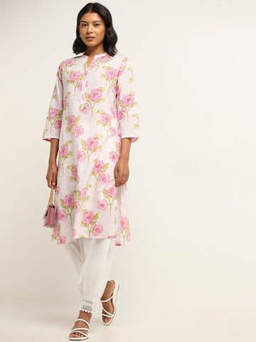 Utsa Pink Cotton Straight Fit Floral Print Kurta