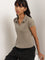 Nuon Dark Beige Ribbed Polo Neck Top